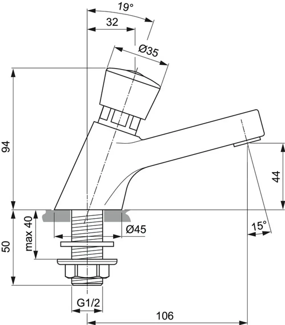 Chromfarbenes Standventil mit Befestigungselementen und spezifischen Abmessungen. Ideal Standard Produkt, entworfen für Verkaufs- oder Nutzungsanwendungen.